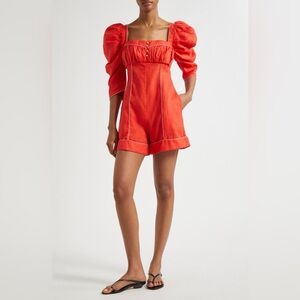 NWT FARM Rio Red Linen Puff Sleeve Shortsuit Romper